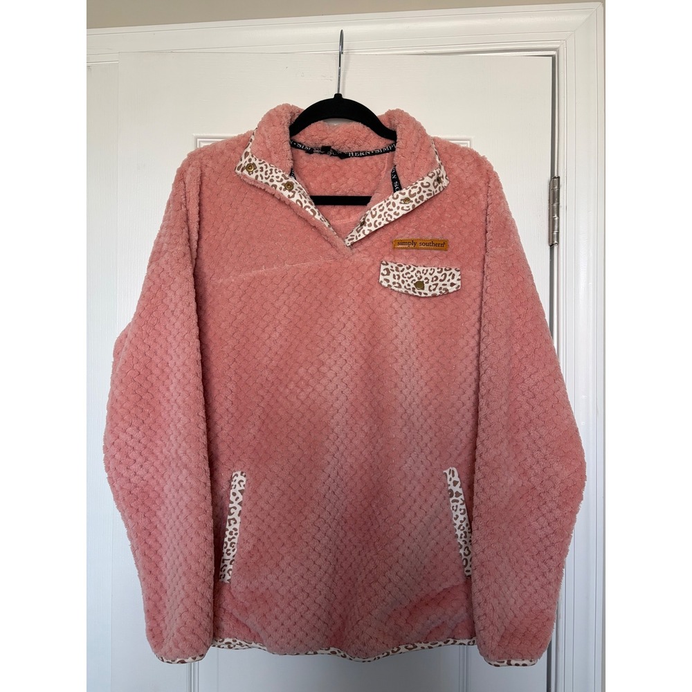 Simply Southern Pink Popcorn Fleece Pullover Leopard Trim Snap Neck Womens M